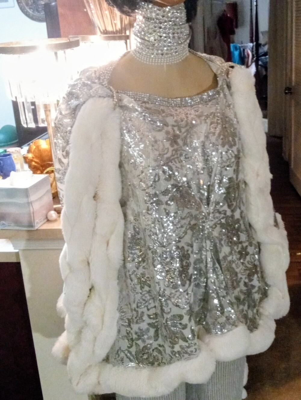 Silver Sequin Beaded Top with White Fur Trim